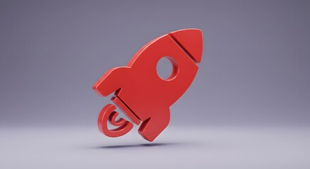 A stylized 3D rendered red rocket ship on a muted purple gradient background