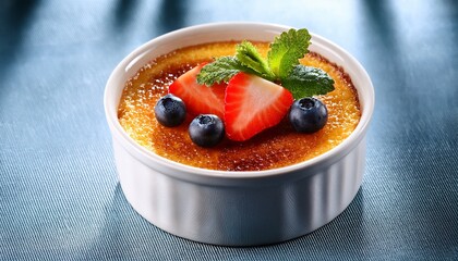 creme brulee dessert with caramelised sugar strawberry blueberry and fresh mint leaves