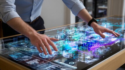 Innovative urban planning with interactive digital models in a modern office setting