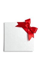 A blank square card with a lush red bow, set on a bright white background, showcasing detail