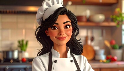 Charming woman chef smiles in a bright, inviting kitchen scene