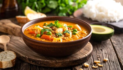 A hearty stew in a rustic bowl, vegetables and chickpeas visible. Rice, avocado, and bread complement the dish on a wooden surface