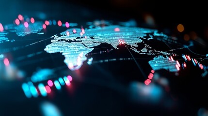 Global business network with modern glowing world map for presentations or financial reports, showing worldwide connections and data analysis with bokeh lights