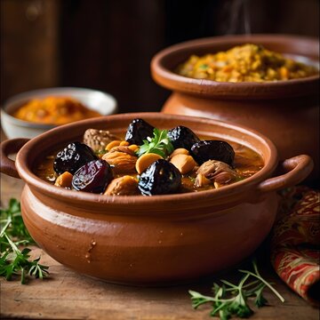 Exotic Cuisine: A tantalizing glimpse into a hearty, flavorful stew served in a rustic earthenware bowl, a culinary delight with textures.