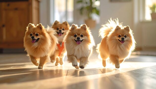 A group of small fluffy dogs, seemingly Pomeranians, happily sprint towards the viewer on a sunlit wooden floor