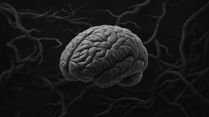 Black and White Brain Illustration Surrounded by Dark Twisting Roots Symbolizing Thought, Intellect, and the Complexity of Human Mind in Depth
