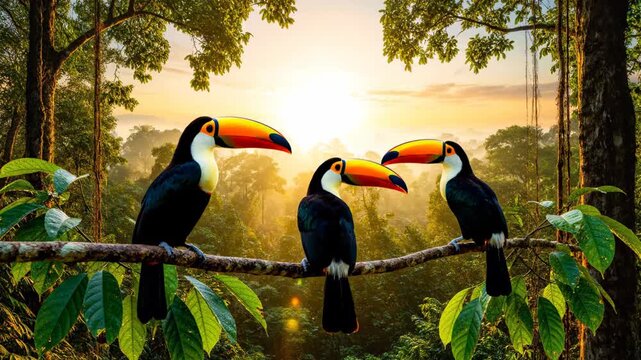 Two vibrant toucans interact on tree branches as the sun sets in a dense rainforest. Rich greenery surrounds them, creating a serene atmosphere