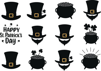 St. Patrick's Day icons, leprechaun hats, pots of gold, shamrocks, festive symbols, black silhouette, Irish celebration, holiday vector set