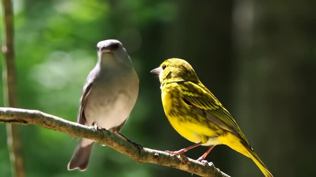 Scarlet tanager and blue jay birds perched on branch in green forest, nature.
