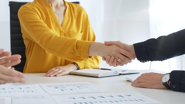 Professional businesspeople shaking hands, confirming partnership agreement in contemporary corporate sunny office. Business handshake - Powered by Adobe
