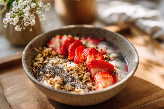 a wholesome smoothie bowl with strawberry slices, granola, and chia seeds in a ceramic dish on a wooden table, fresh morning scene for cafe, health blog, or recipe catalog concept of