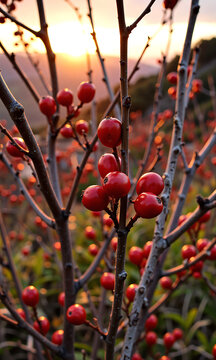 tight vibrant red dogwood berries nestled among worn wooden strands warm golden hillside