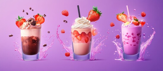 Three Delicious Milkshakes with Strawberries and Whipped Cream