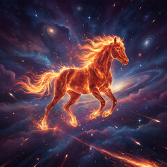 Fiery horse galloping through a cosmic space background  