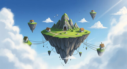 Fantasy floating islands with ancient ruins and lush green landscapes in the sky