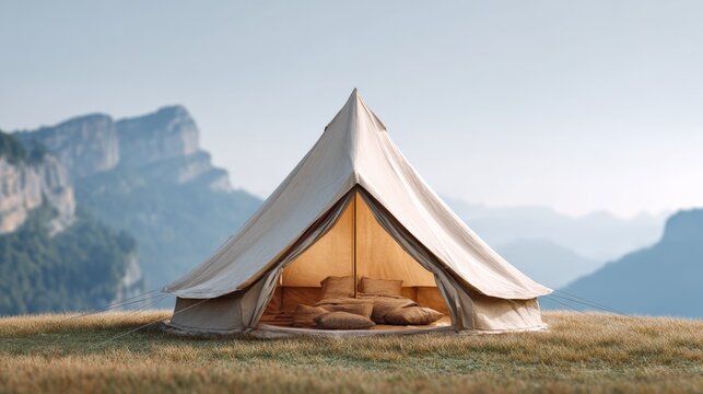 Canvas bell tent standing on mountain summit, displaying panoramic sunrise landscape with verdant terrain and distant peaks, representing serene wilderness camping experience during summer adventure