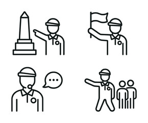 Vector Outline icons of tour guide with landmark, flag, microphone, group