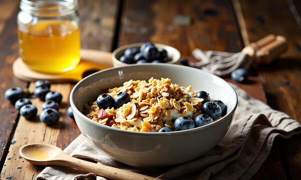 warm breakfast setup features yogurt bowl granola blueberries honey rustic wooden