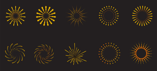 Line firecrackers. radial firework linear sun icons, circular fireworks starburst explosion with sparkles. Vibrant festive decoration, celebration design, Simple vector set
