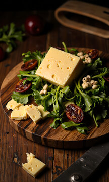warm still life mixed greens earthy tones melted cheese textures atop rustic wooden