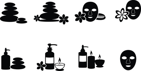 Spa icon set, wellness silhouette, facial mask, massage stones, skincare bottle, candle therapy, beauty treatment, aromatherapy graphic, relaxation symbol, self-care design