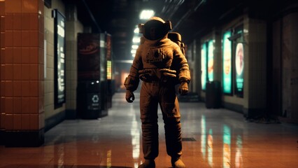 Obraz premium A lone astronaut in a vintage suit stands still in a dark, deserted corridor. The soft glow of neon signs reflects on the floor, creating an eerie, atmospheric scene that hints at mystery.