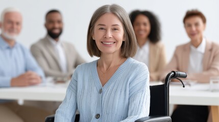 Smiling elderly woman in wheelchair at teamwork meeting, diverse group in background, positive workplace environment, inclusive and supportive atmosphere