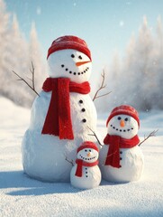 Obraz premium snowman family with red scarves standing in a snowy landscape on a bright winter day