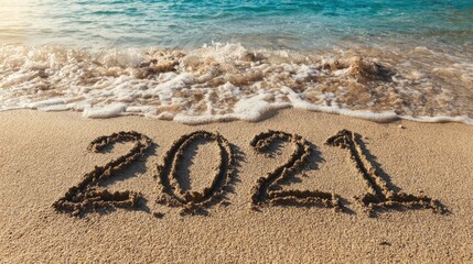 2021 year message handwritten in sand on beautiful beach background new years concept no logos no brands ar 169