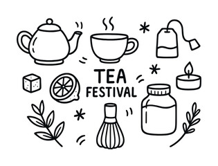 Vector Hand-drawn tea festival elements with teapot, cup, candle, and leaves