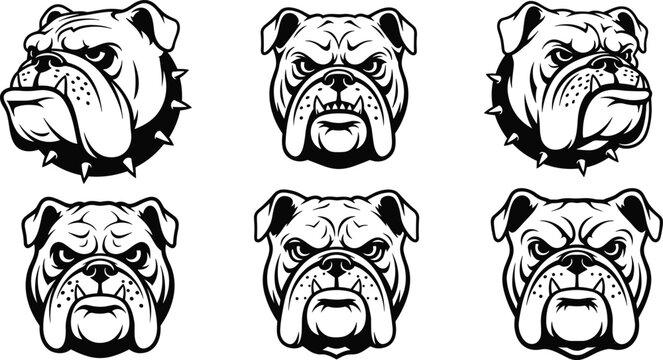 Aggressive Bulldog Head Vector Set, Angry Mascot Logo Template
