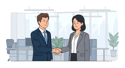 Business professionals shaking hands in a modern office setting