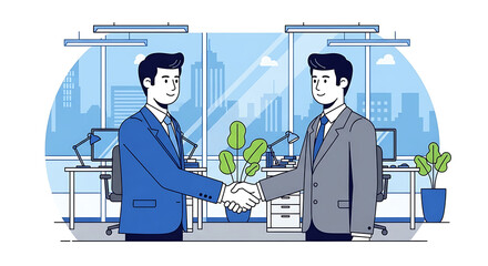 Two businessmen shaking hands in a modern office environment