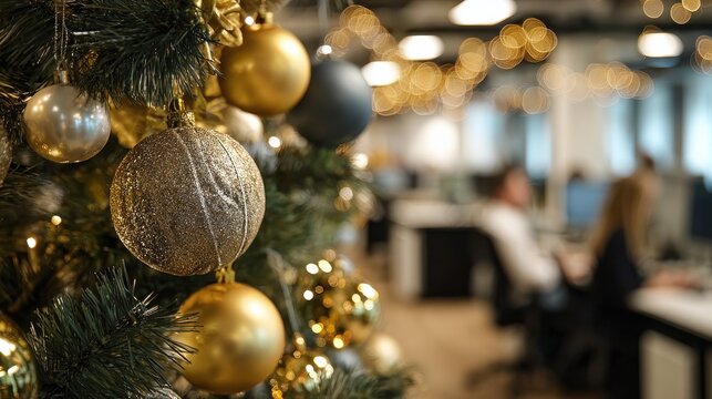 close up of decorated christmas tree in office with business people working in background xmas celebration in corporate office detail of christmas balls and lights with working office no logos no bra