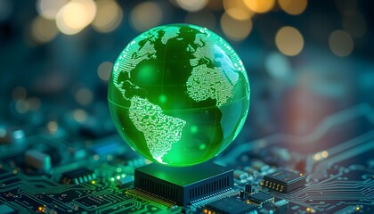 A glowing green earth rests on a computer chip, symbolizing the intersection of technology and environmental sustainability.