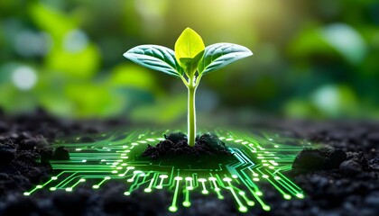 Sprout growing from soil with digital circuit board pattern, symbolizing technology and nature.
