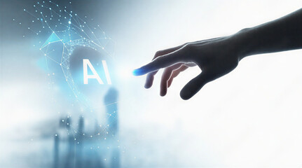 Human hand interacting with a glowing holographic artificial intelligence interface, symbolizing future technology, innovation, and the digital transformation of industries worldwide