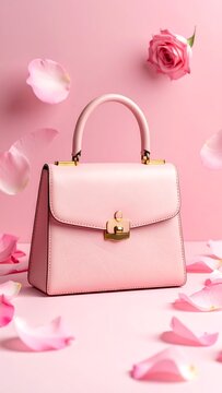 A blush-pink leather handbag, rose and petals, on matching backdrop, soft lighting