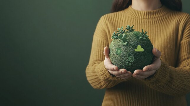Woman holding a sustainable earth sphere with eco-friendly icons representing green technology and environmental solutions