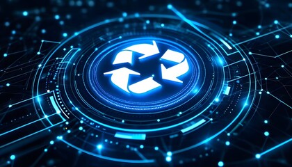 Futuristic digital interface displaying a glowing blue recycling symbol within a complex technological circuit board design.