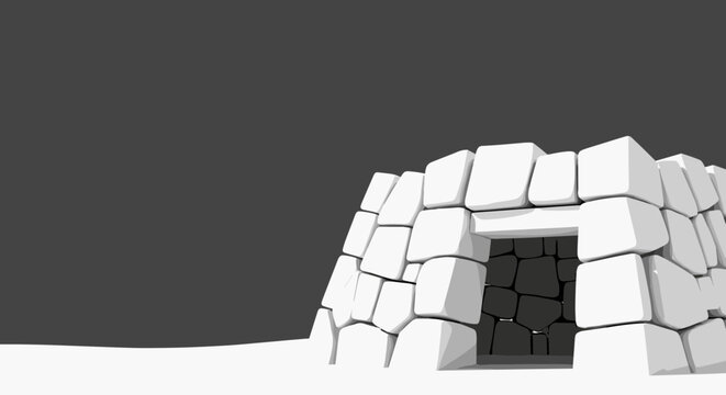 Igloo structure with a dark entrance and white snow blocks.