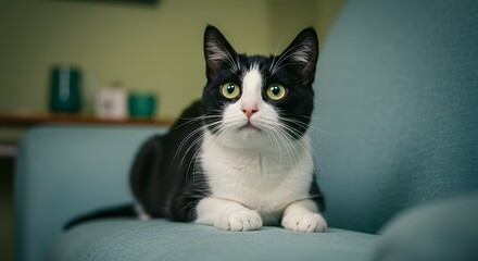 A black and white cat with striking green eyes is resting on a blue armchair