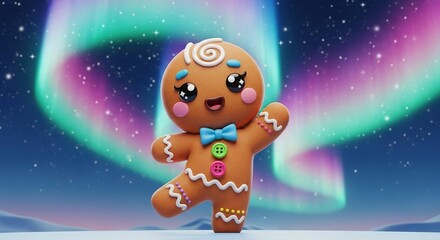 A cute gingerbread man with big eyes dances under the colorful aurora borealis