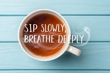 A white mug with tea and steam on a blue wooden surface