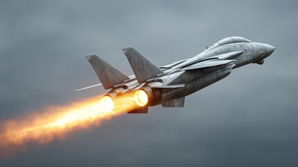Military jet in flight with afterburner engaged, soaring through a cloudy sky, showcasing power and engineering in aviation technology.