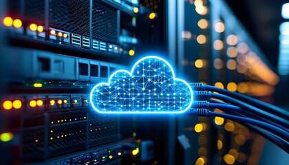 A glowing blue digital cloud icon superimposed over a server rack with network cables, symbolizing cloud computing and data storage infrastructure.