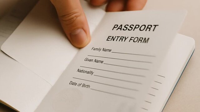 import rate concept. A hand holds an open passport entry form with fields for personal information.