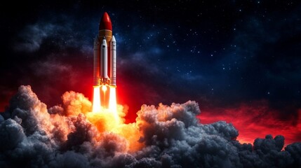 Rocket soaring into space with powerful flames and smoke against a vibrant night sky filled with stars, a symbol of ambition