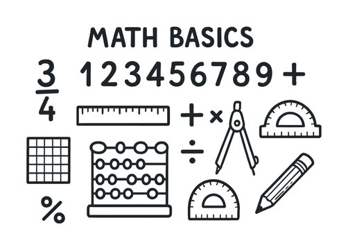 Vector Math basics symbols: numbers, fractions, and tools for learning