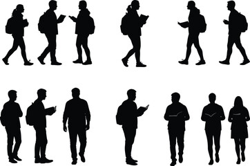 Student silhouette, walking, reading, standing, academic life, university campus, backpack, education, school activity, group interaction, learning, youth, college, classroom, 
